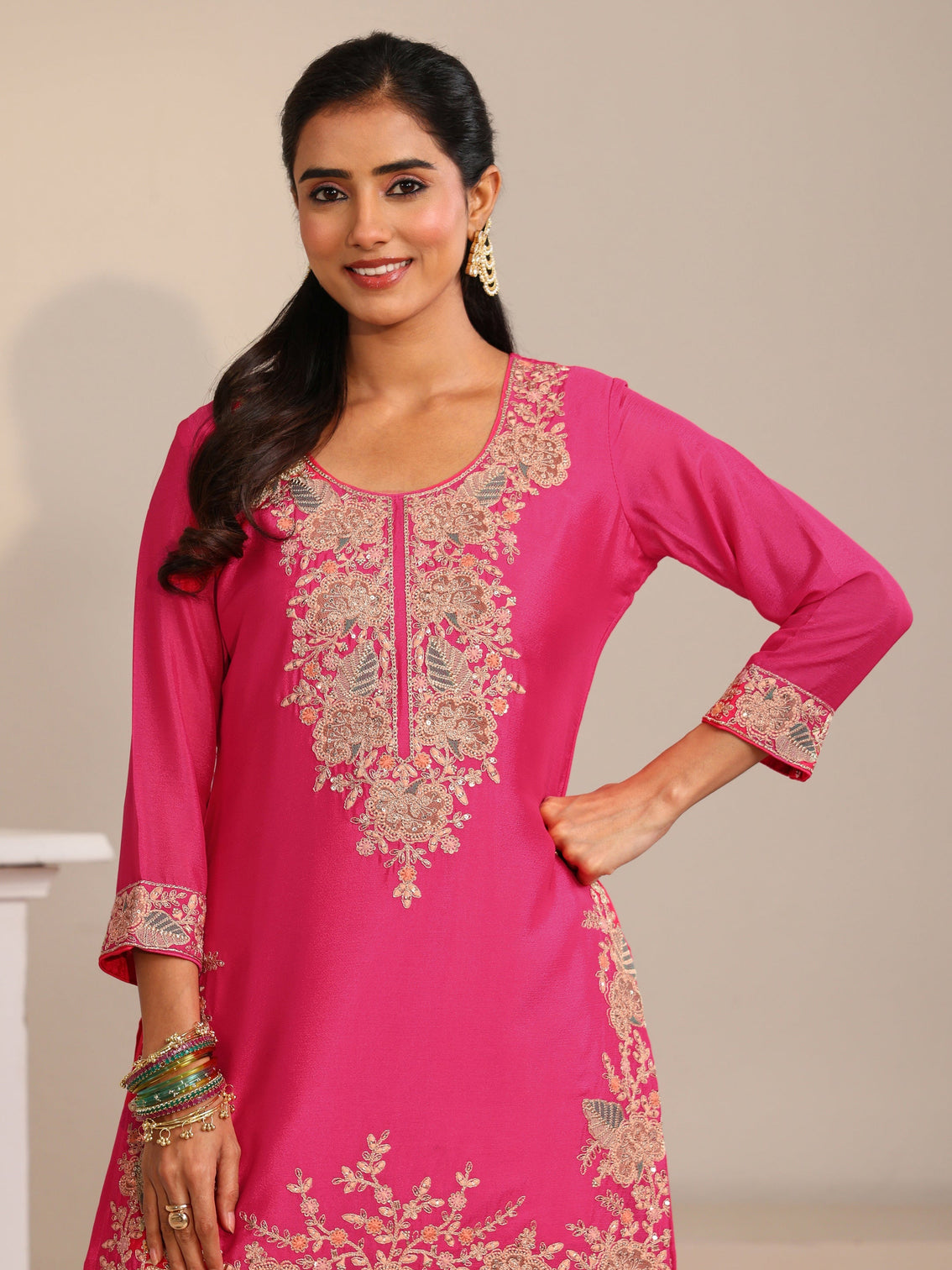 Mameraa Fuchsia Pink Floral Embroidered Chinon Straight Suit Set