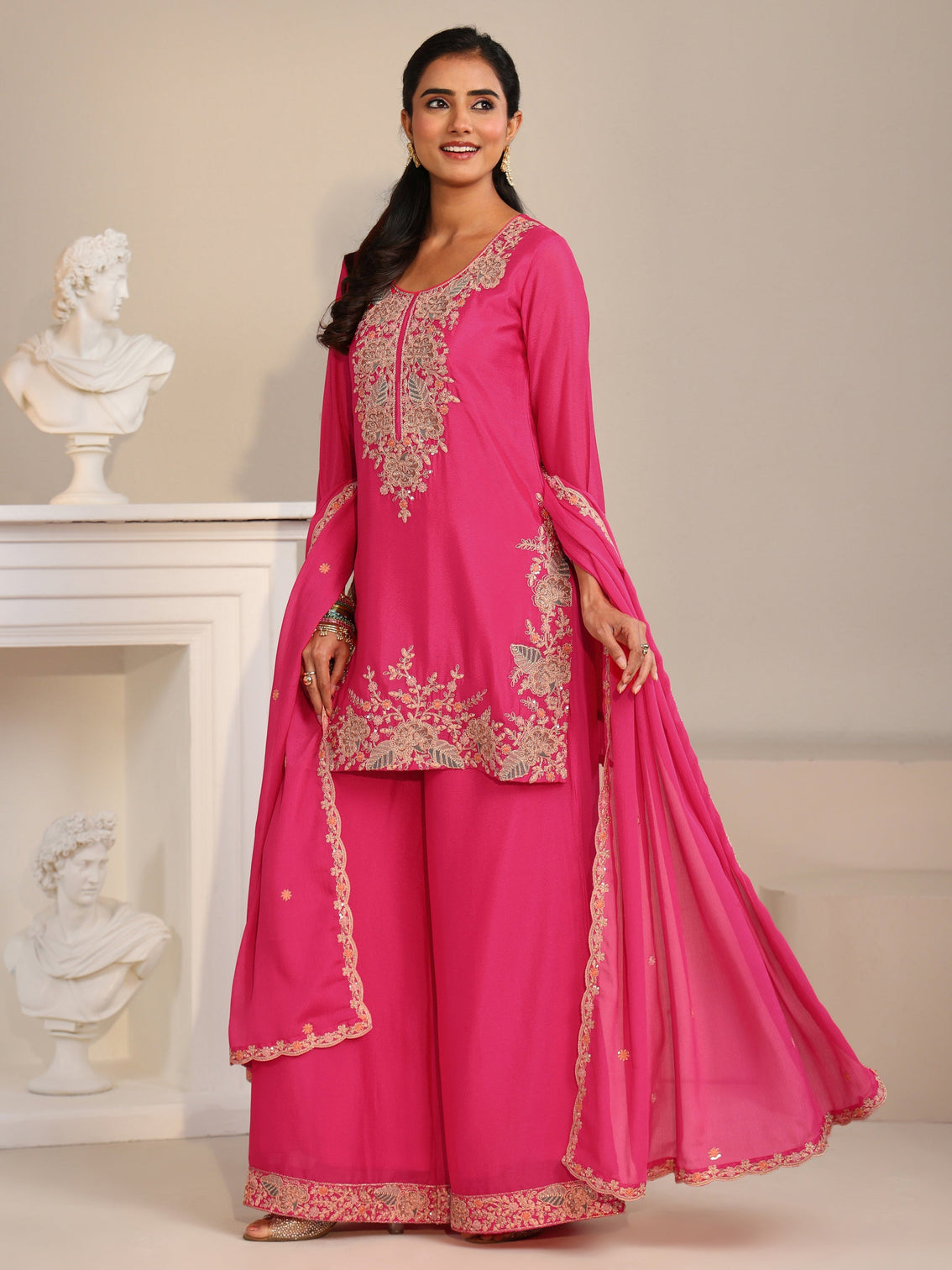 Mameraa Fuchsia Pink Floral Embroidered Chinon Straight Suit Set