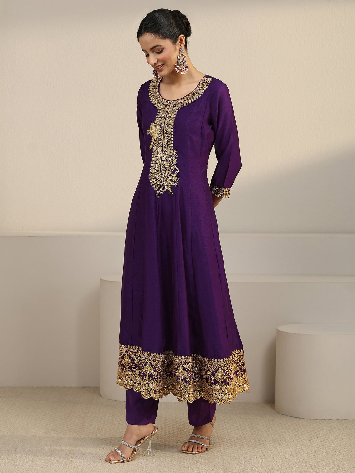 Mameraa Deep Violet Yoke Embroidered Silk Blend Anarkali Suit Set