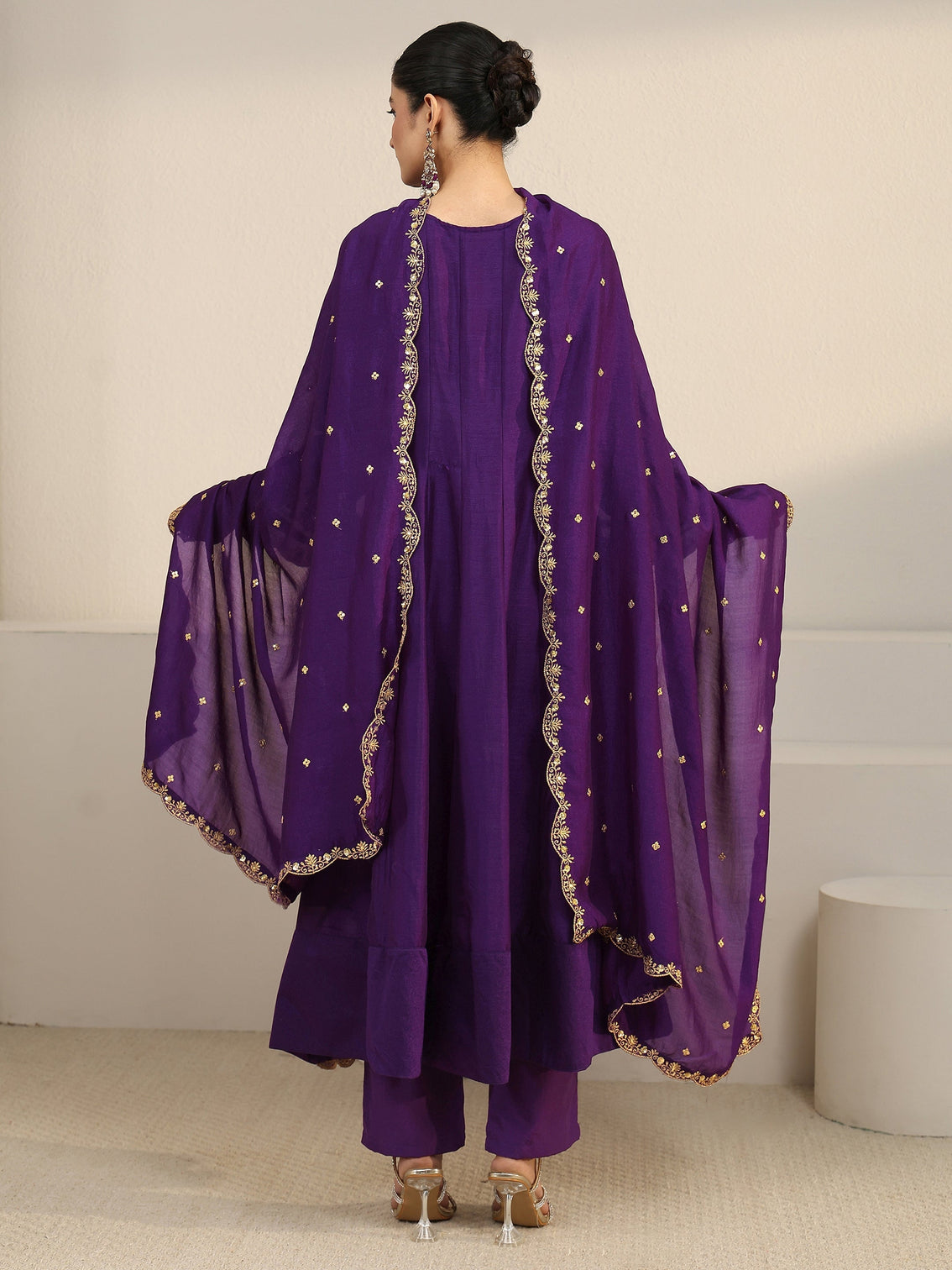 Mameraa Deep Violet Yoke Embroidered Silk Blend Anarkali Suit Set