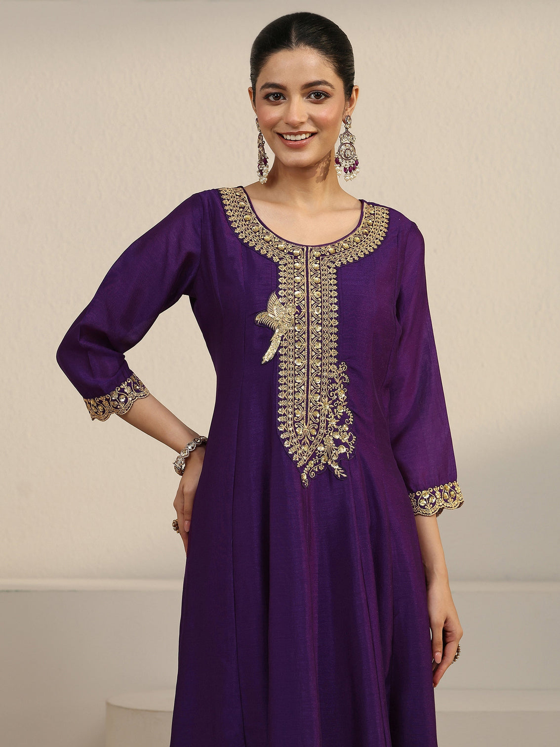 Mameraa Deep Violet Yoke Embroidered Silk Blend Anarkali Suit Set