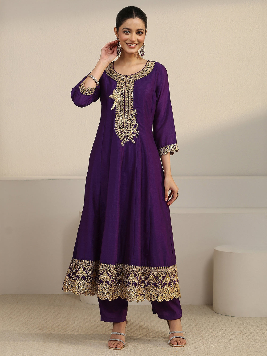 Mameraa Deep Violet Yoke Embroidered Silk Blend Anarkali Suit Set