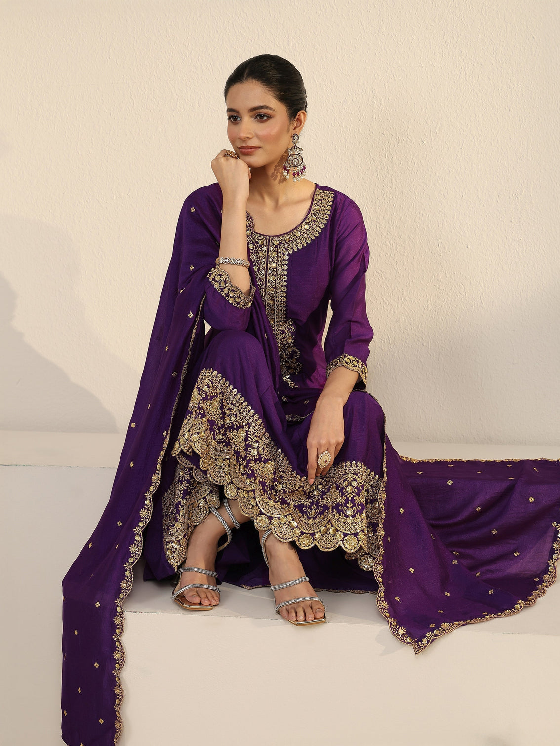 Mameraa Deep Violet Yoke Embroidered Silk Blend Anarkali Suit Set