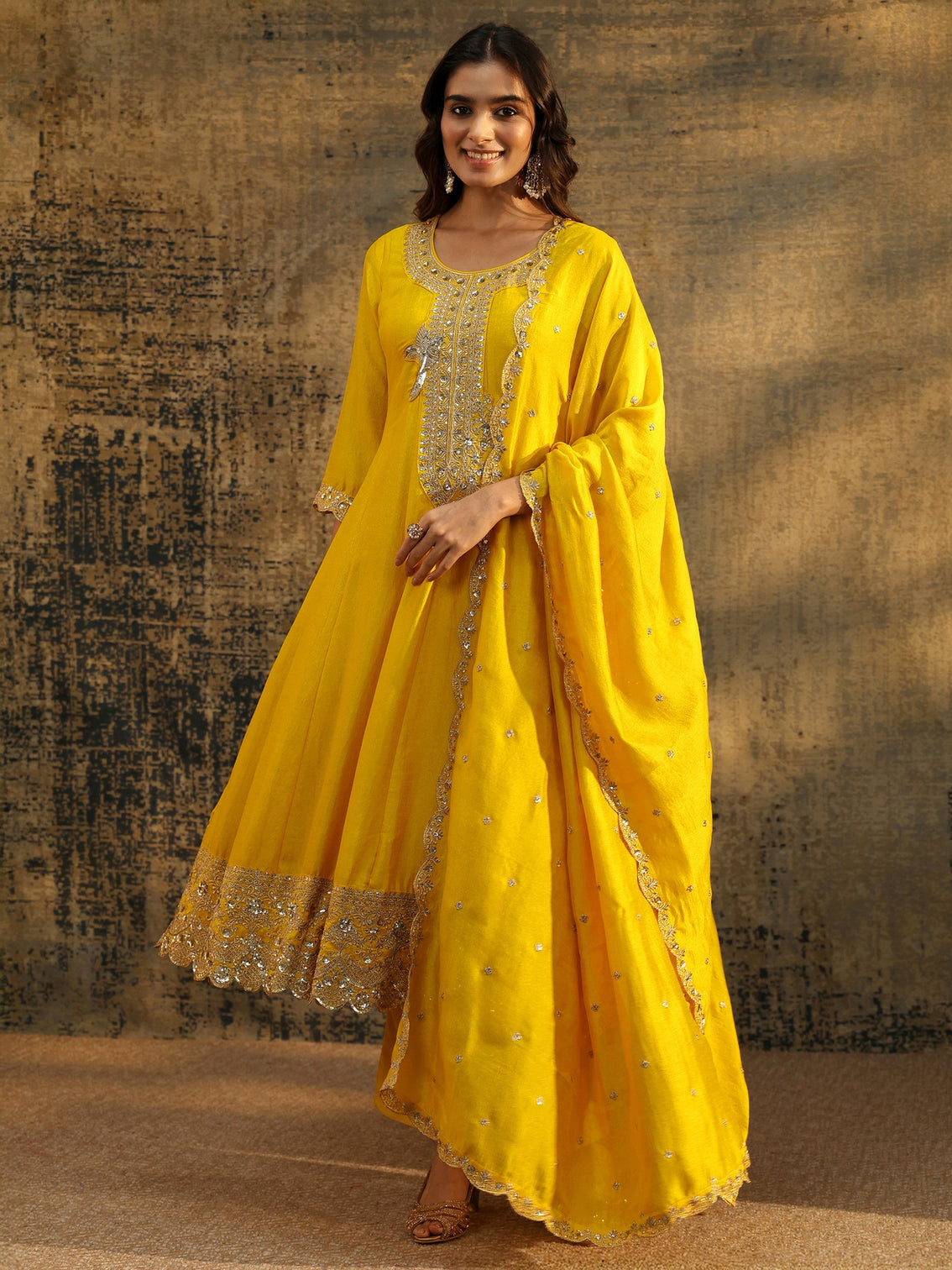 Mameraa Lemon Yellow  Embellished Silk Blend Anarkali Suit Set