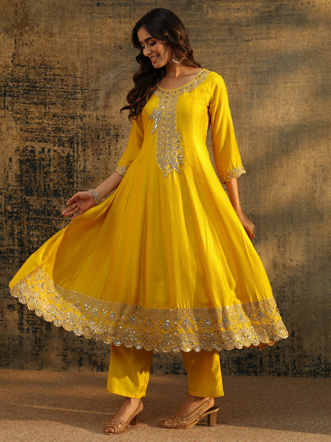 Mameraa Lemon Yellow  Embellished Silk Blend Anarkali Suit Set