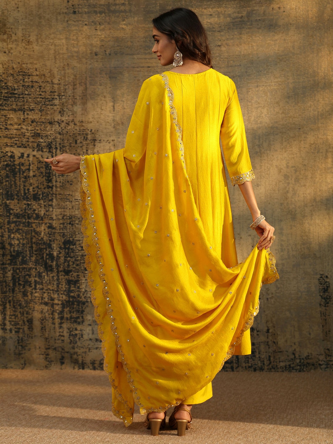 Mameraa Lemon Yellow  Embellished Silk Blend Anarkali Suit Set