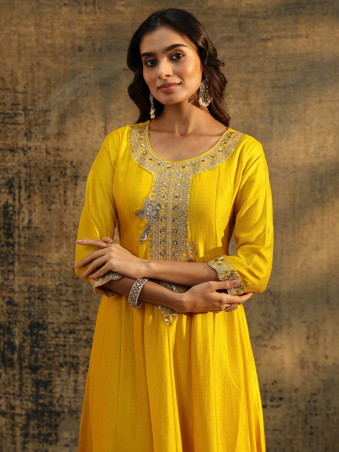 Mameraa Lemon Yellow  Embellished Silk Blend Anarkali Suit Set