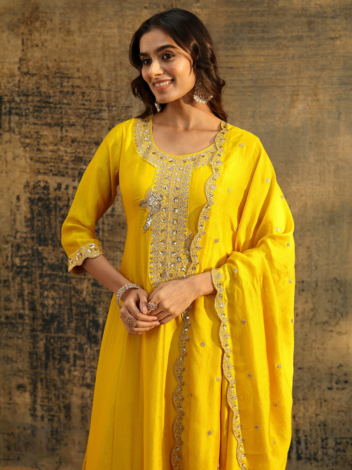 Mameraa Lemon Yellow  Embellished Silk Blend Anarkali Suit Set