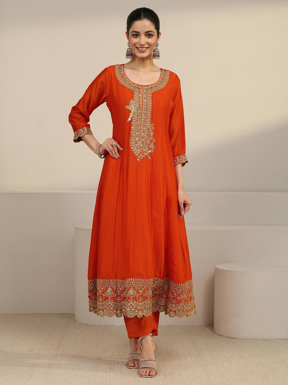 Mameraa Orange Yoke Embroidered Silk Blend Anarkali Suit Set