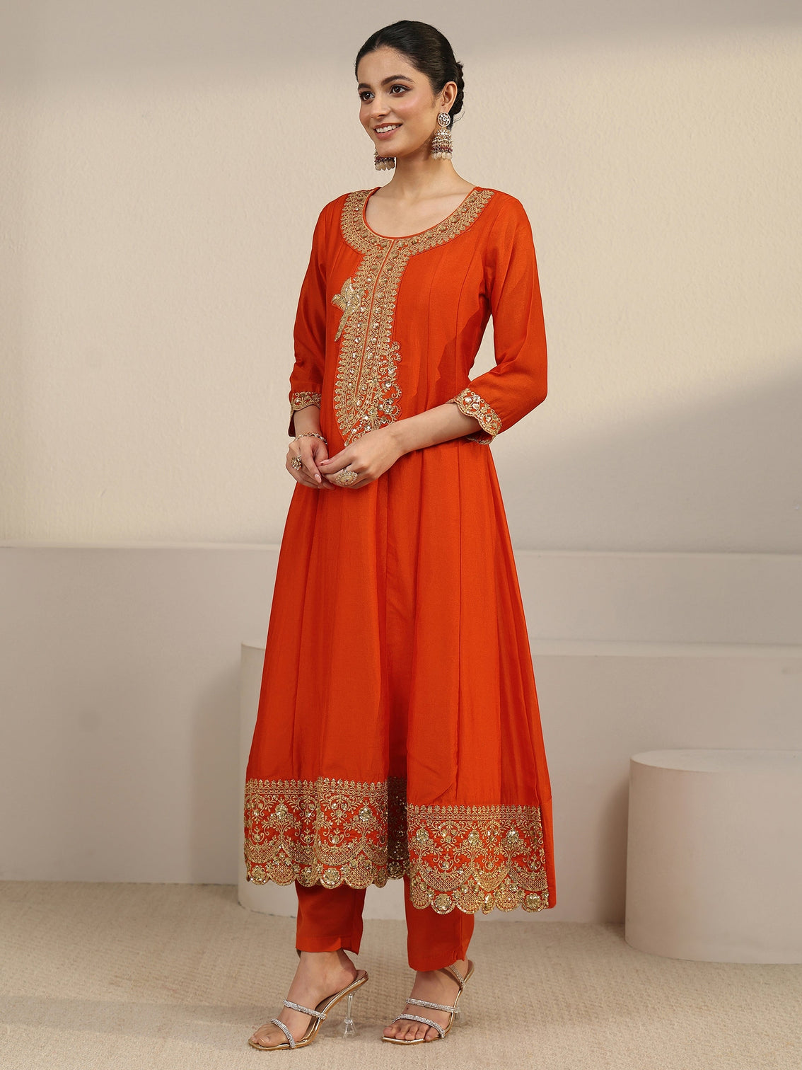 Mameraa Orange Yoke Embroidered Silk Blend Anarkali Suit Set