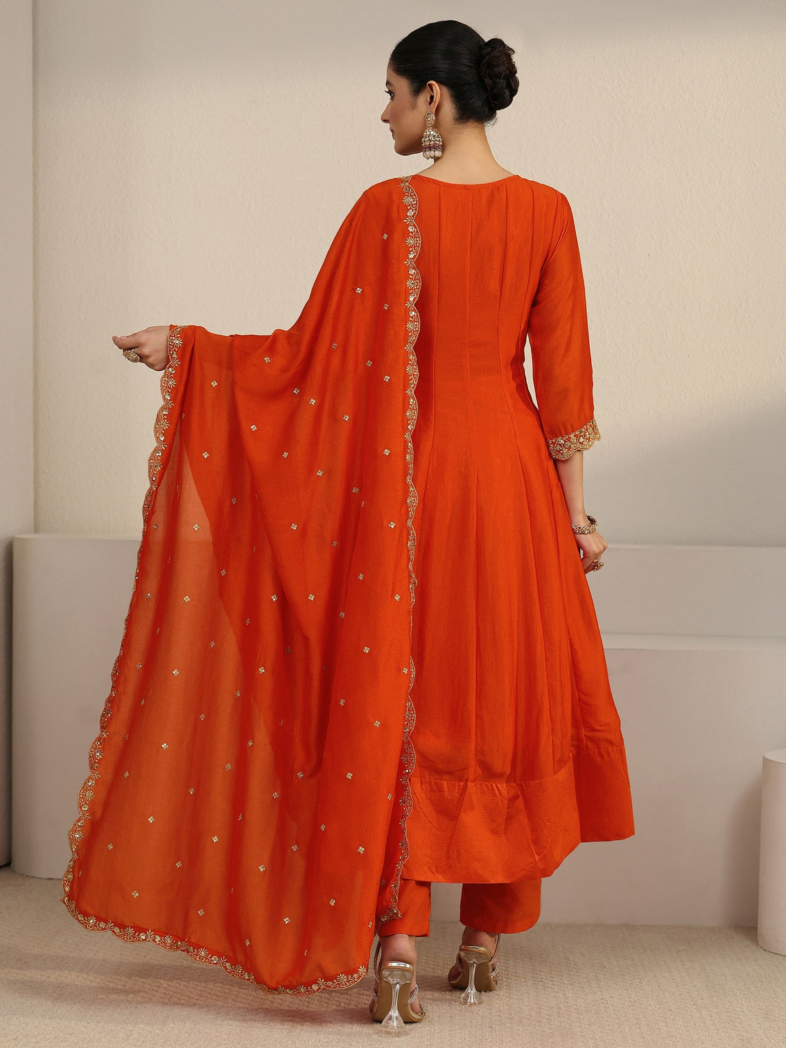 Mameraa Orange Yoke Embroidered Silk Blend Anarkali Suit Set