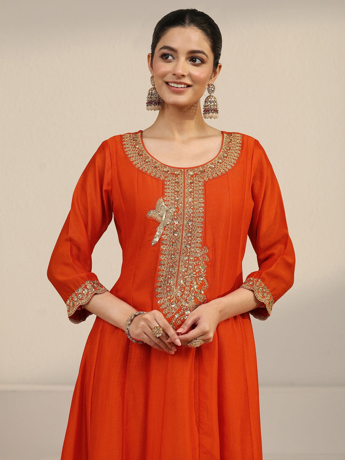 Mameraa Orange Yoke Embroidered Silk Blend Anarkali Suit Set