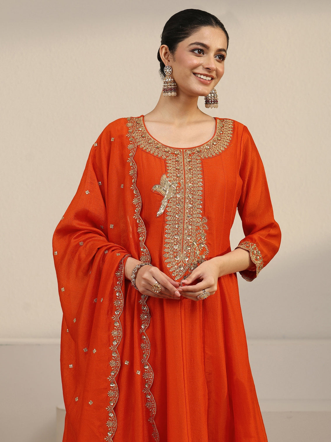 Mameraa Orange Yoke Embroidered Silk Blend Anarkali Suit Set