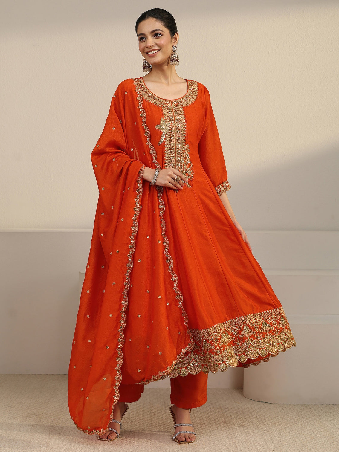 Mameraa Orange Yoke Embroidered Silk Blend Anarkali Suit Set