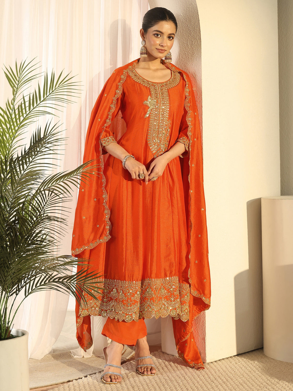 Mameraa Orange Yoke Embroidered Silk Blend Anarkali Suit Set
