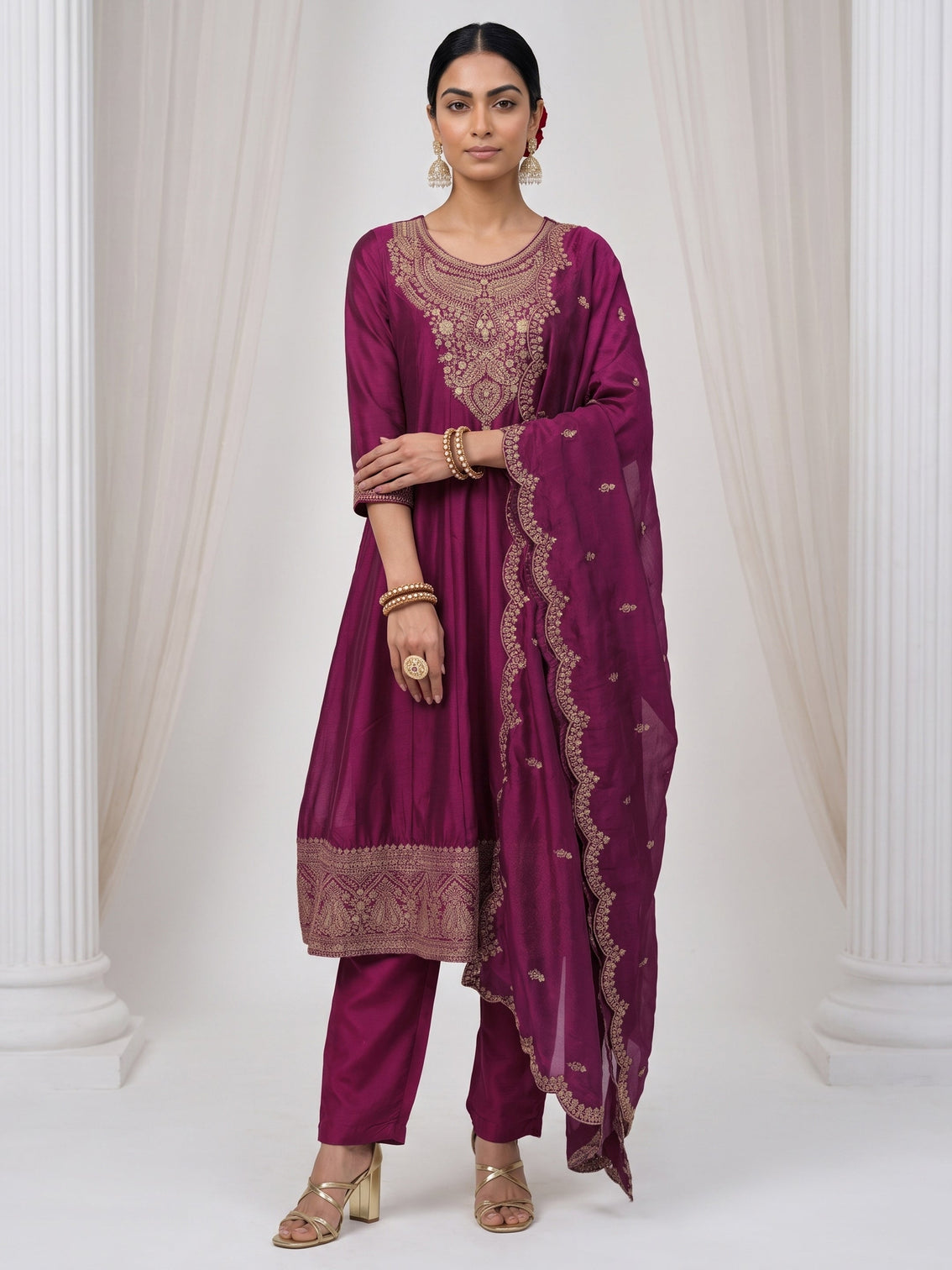 Mameraa Burgundy Yoke Embroidered Silk Blend A-Line Suit Set