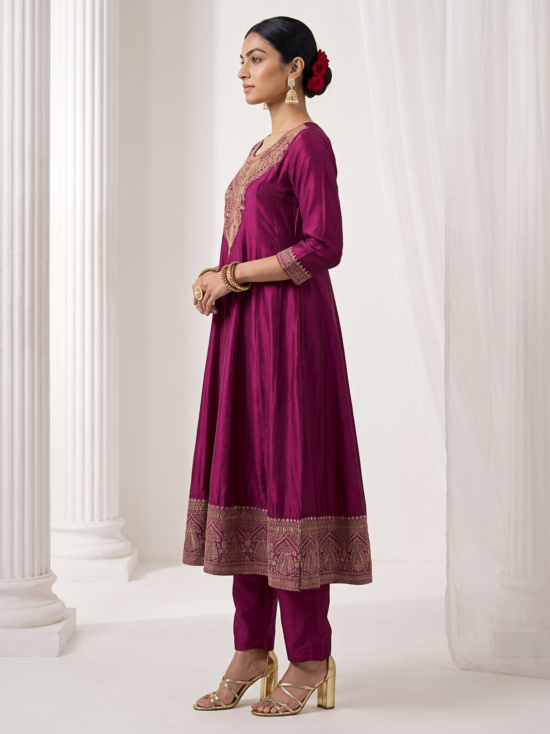 Mameraa Burgundy Yoke Embroidered Silk Blend A-Line Suit Set