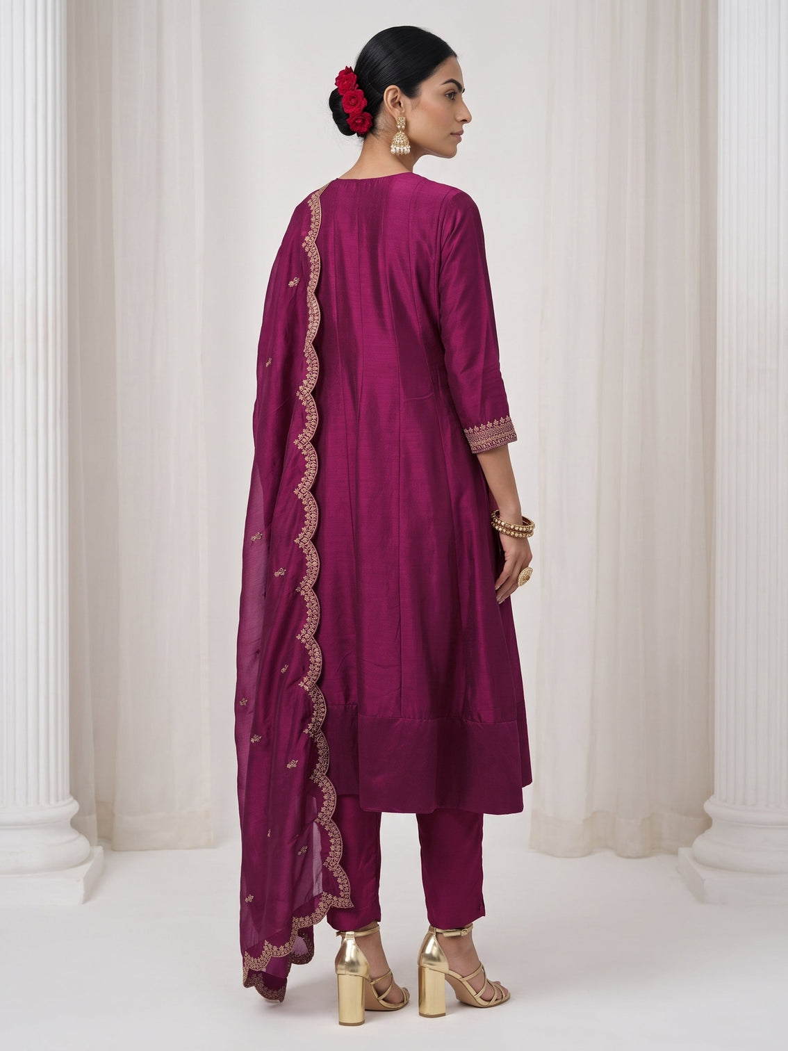 Mameraa Burgundy Yoke Embroidered Silk Blend A-Line Suit Set