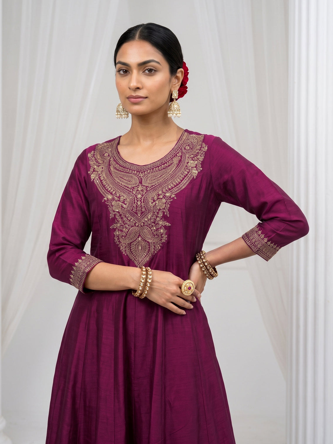 Mameraa Burgundy Yoke Embroidered Silk Blend A-Line Suit Set