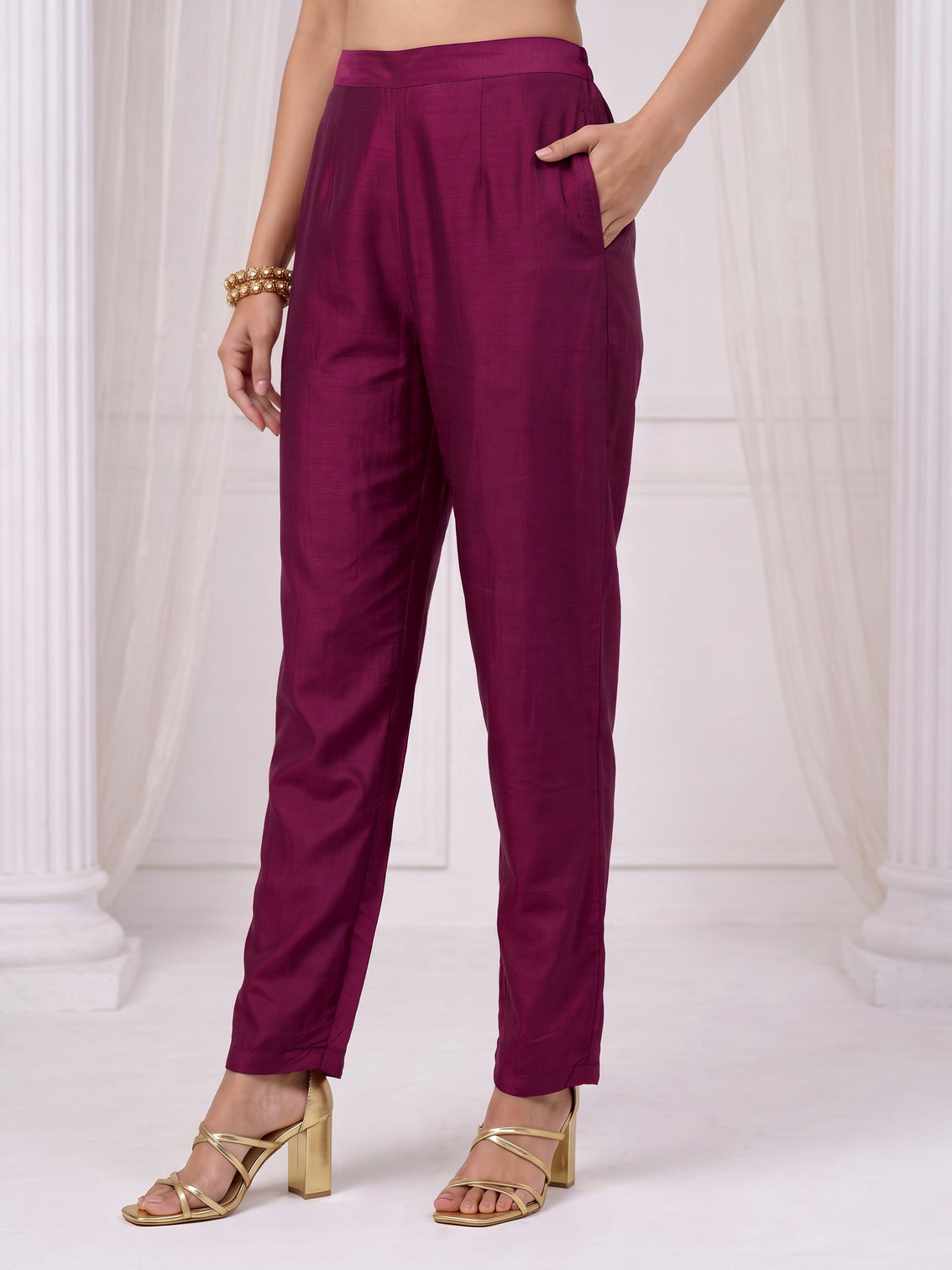 Mameraa Burgundy Yoke Embroidered Silk Blend A-Line Suit Set