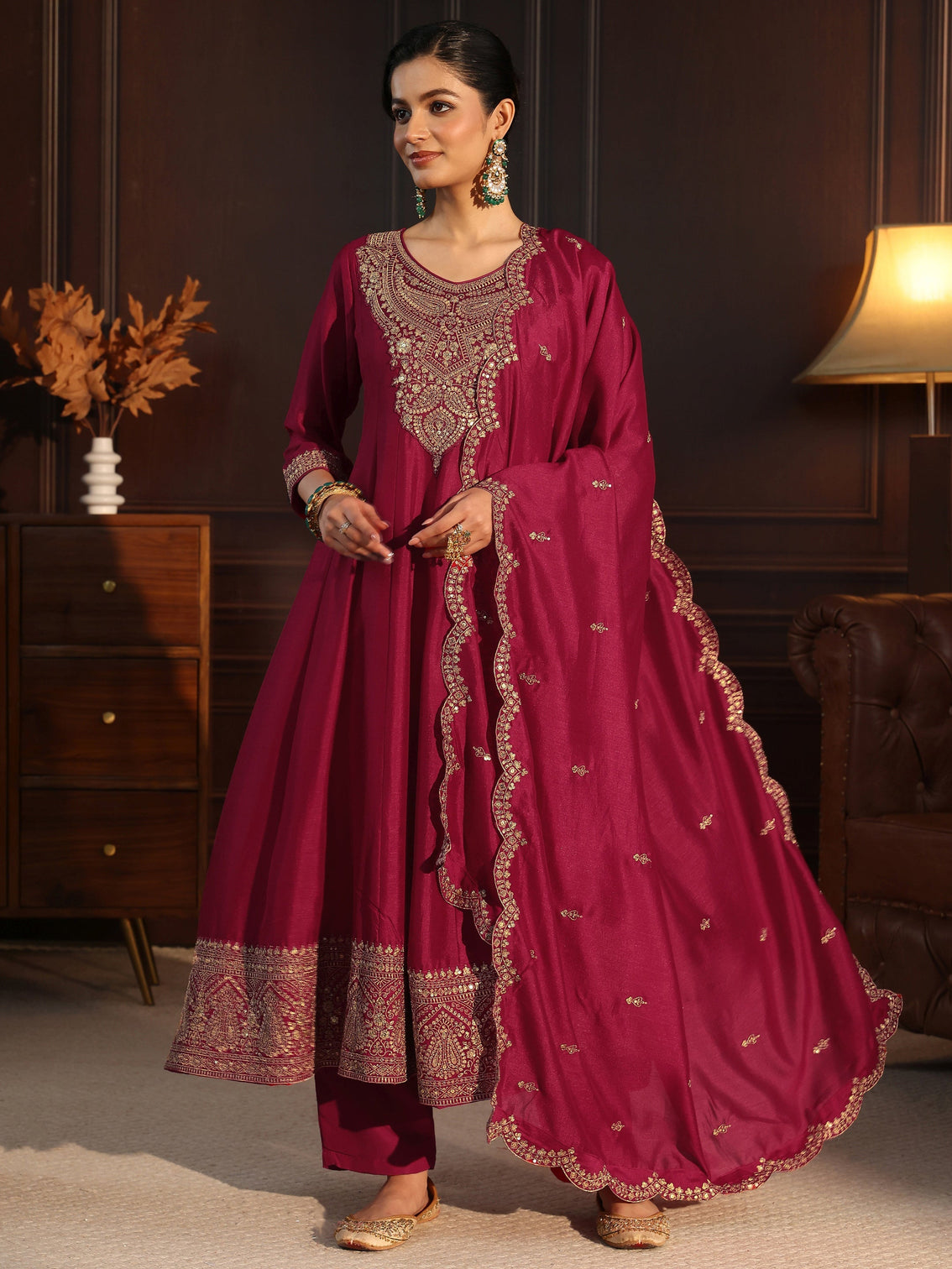 Mameraa Ruby Red Embroidered Silk Blend Anarkali Suit Set