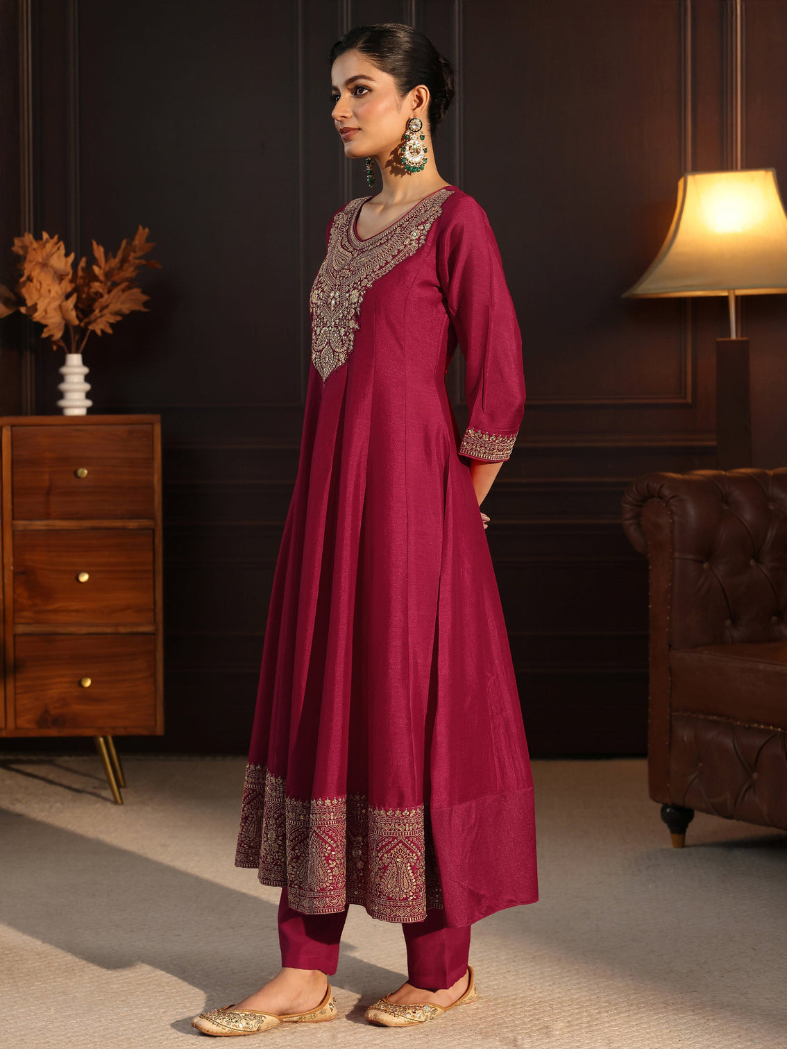Mameraa Ruby Red Embroidered Silk Blend Anarkali Suit Set