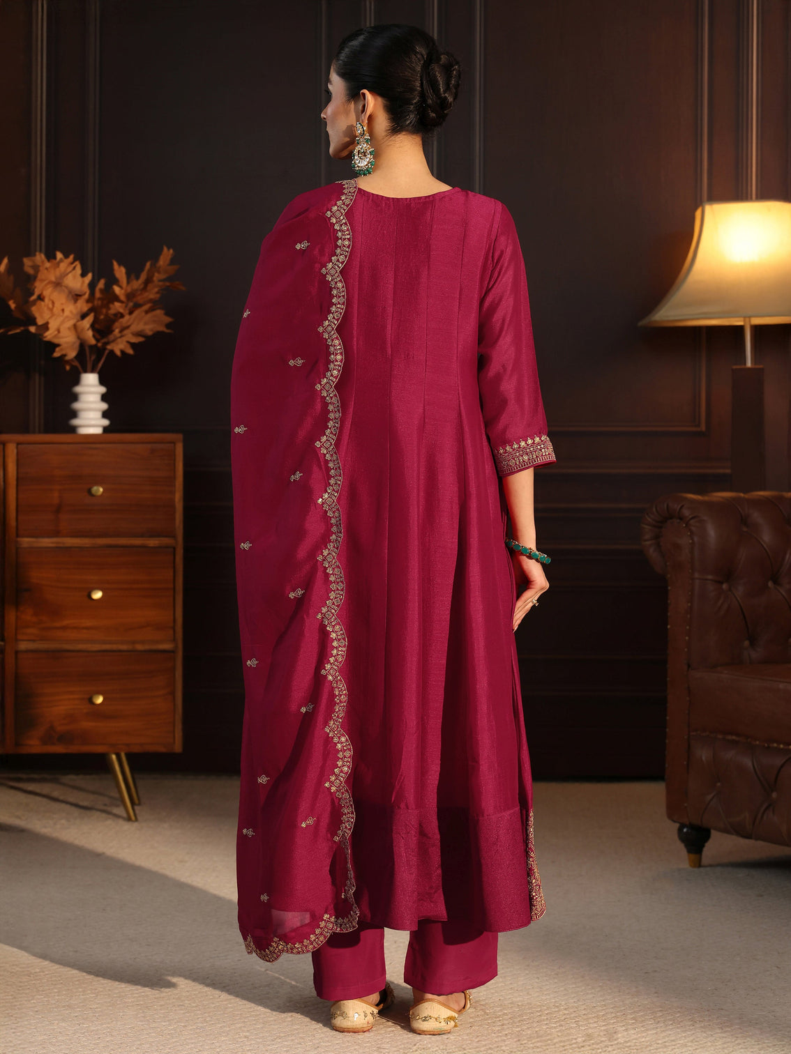 Mameraa Ruby Red Embroidered Silk Blend Anarkali Suit Set