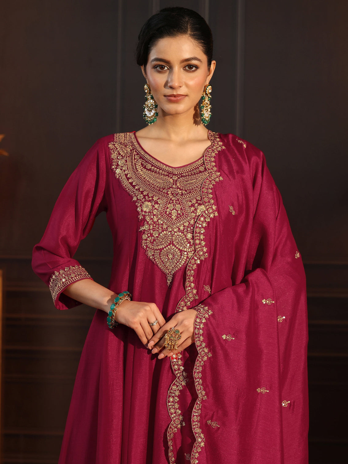 Mameraa Ruby Red Embroidered Silk Blend Anarkali Suit Set