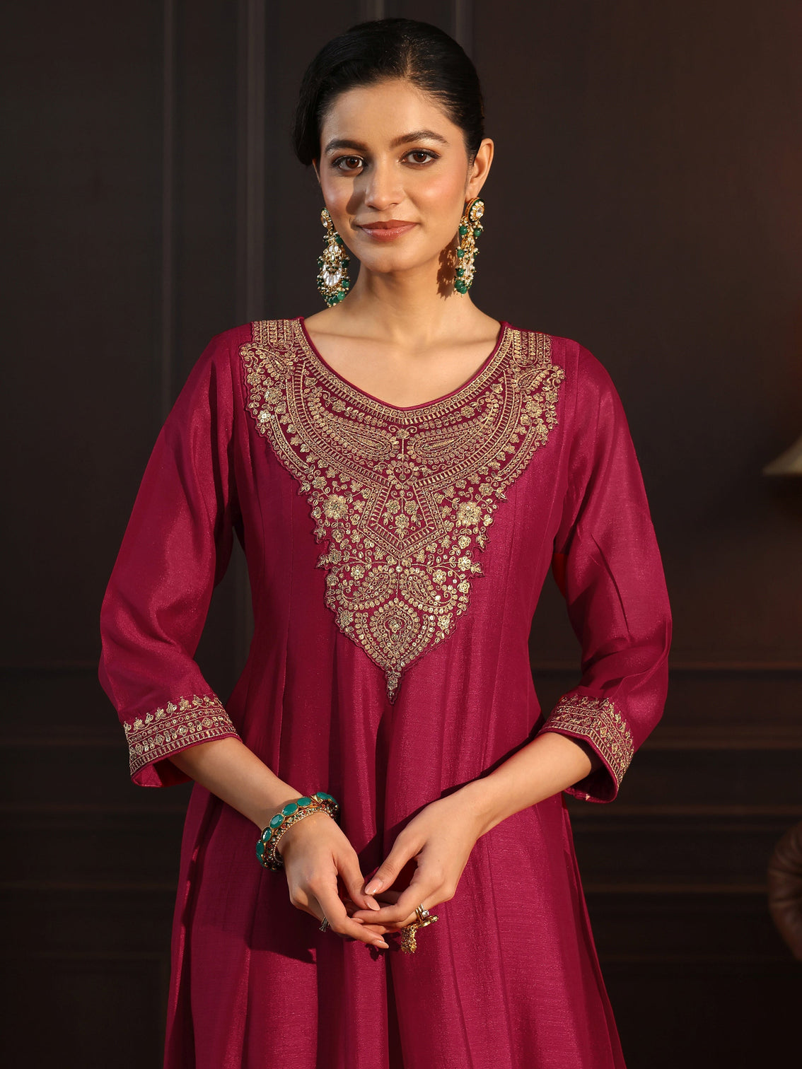Mameraa Ruby Red Embroidered Silk Blend Anarkali Suit Set