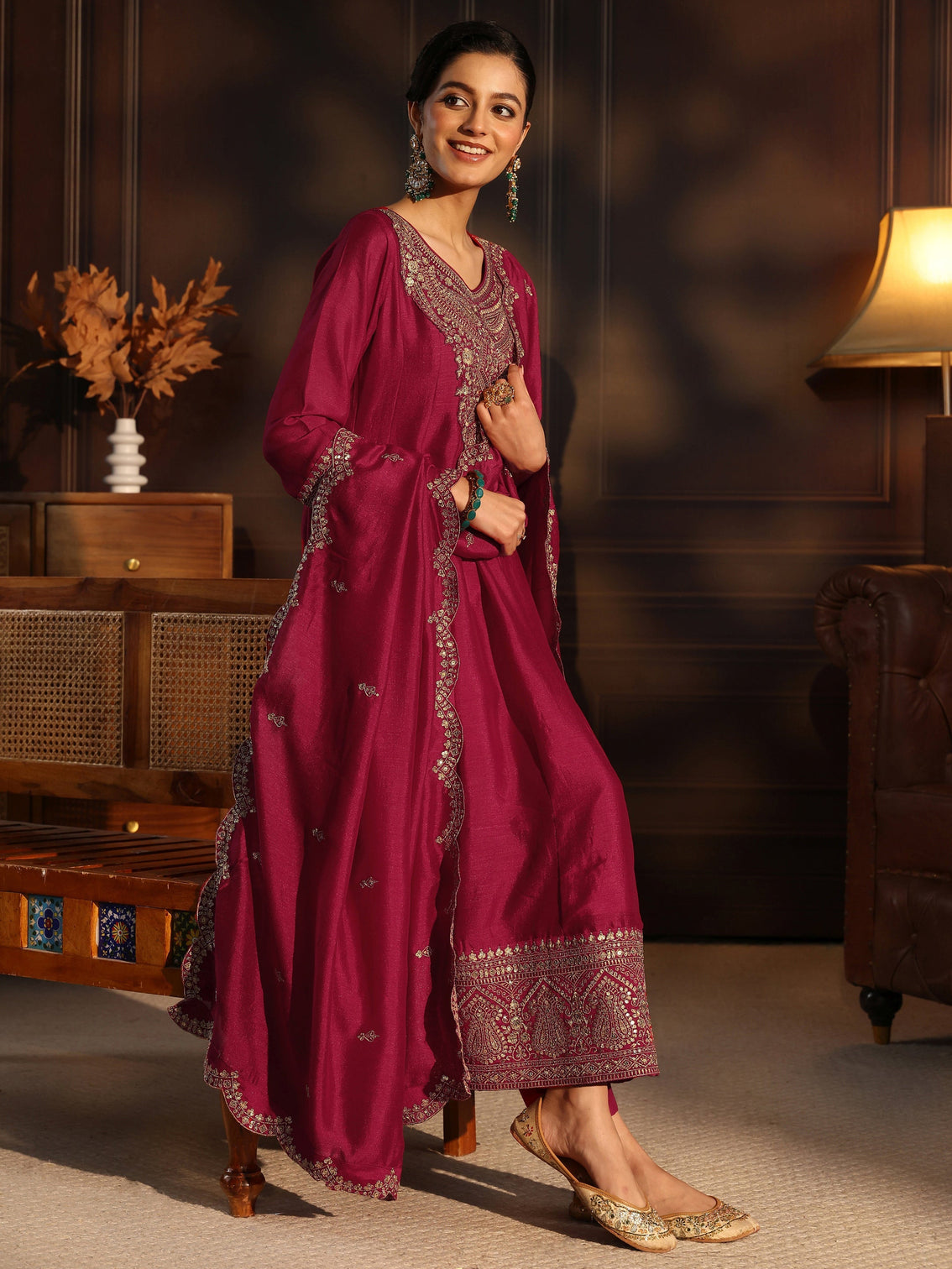 Mameraa Ruby Red Embroidered Silk Blend Anarkali Suit Set