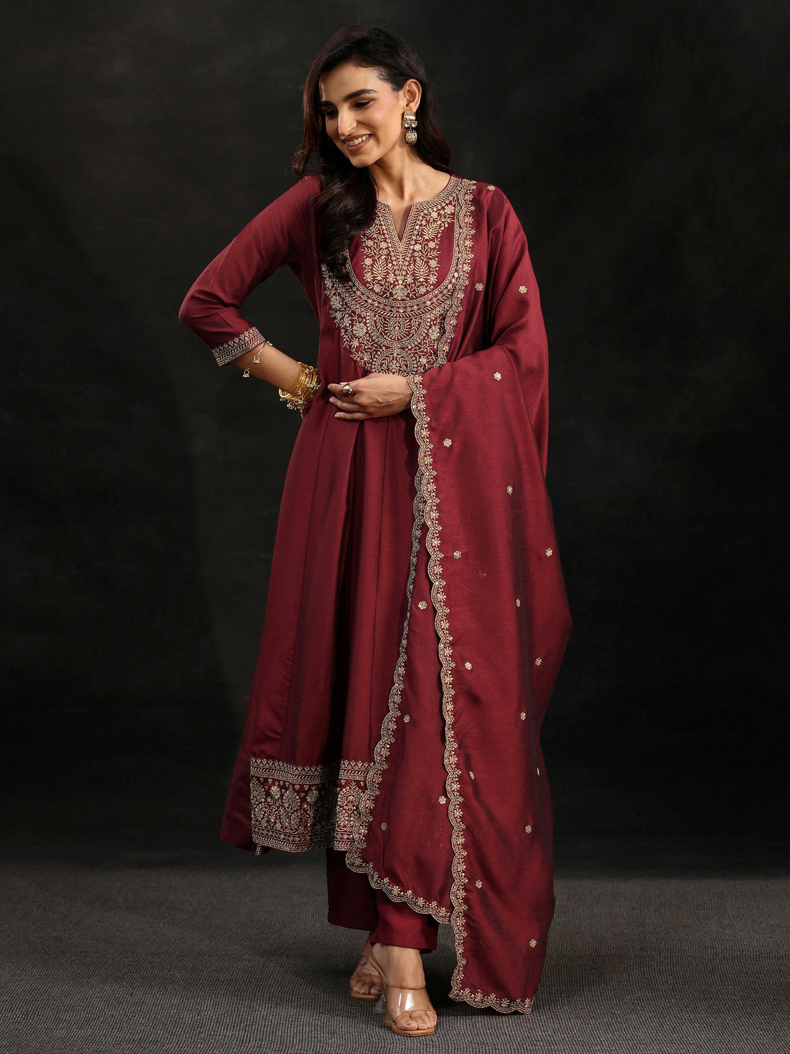 Mameraa Maroon Embellished Yoke Design Silk Blend Anarkali Suit Set