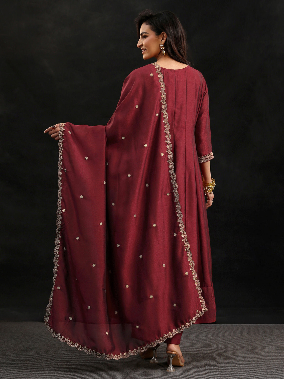 Mameraa Maroon Embellished Yoke Design Silk Blend Anarkali Suit Set