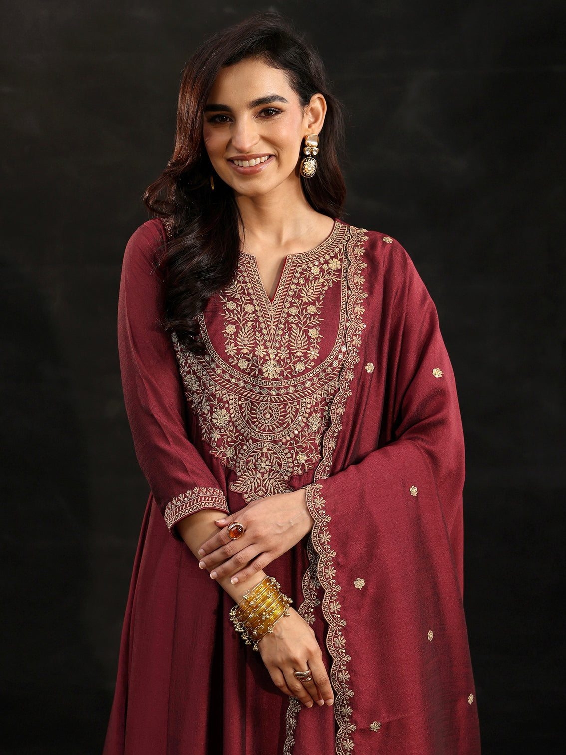 Mameraa Maroon Embellished Yoke Design Silk Blend Anarkali Suit Set