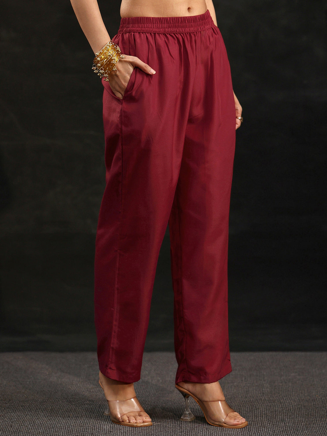 Mameraa Maroon Embellished Yoke Design Silk Blend Anarkali Suit Set