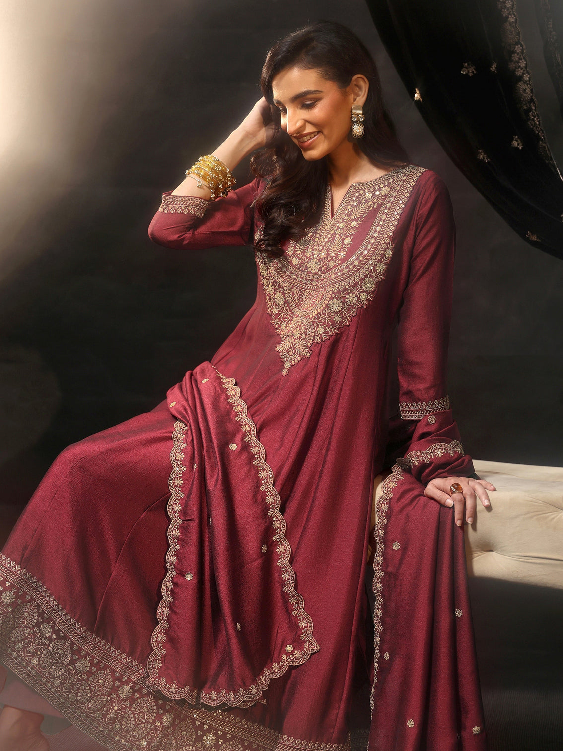 Mameraa Maroon Embellished Yoke Design Silk Blend Anarkali Suit Set