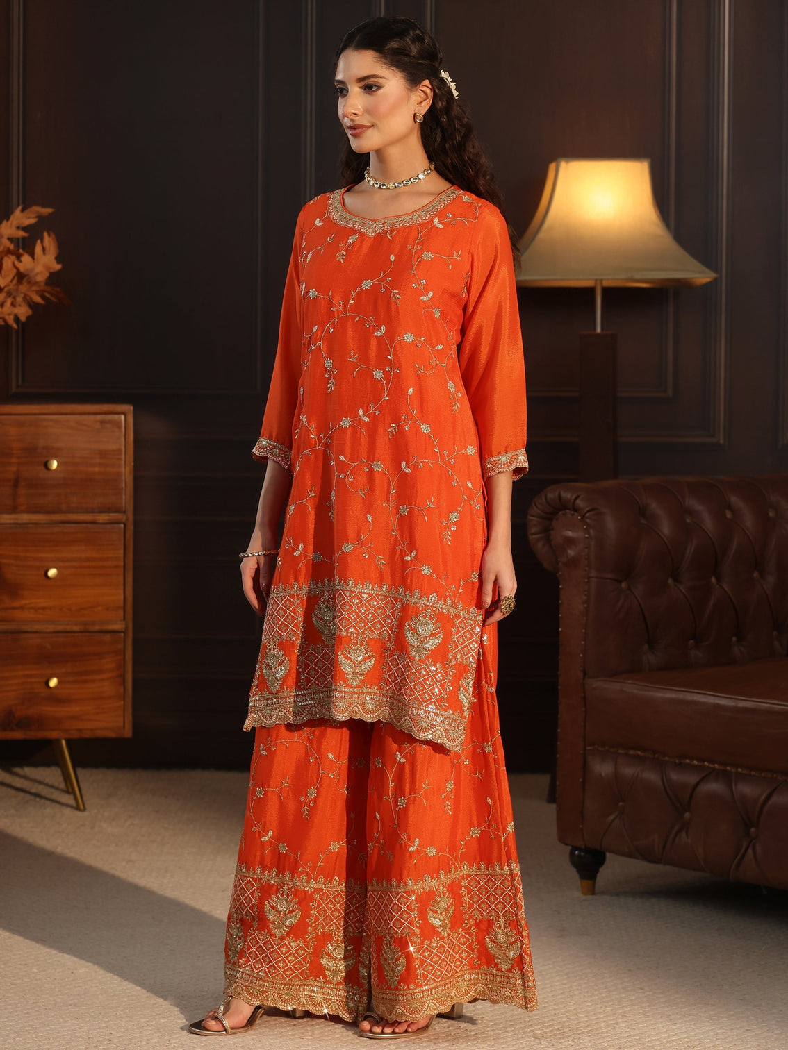 Mameraa Art Orange Floral Zari Embroidered Chinon Palazzo Suit Set