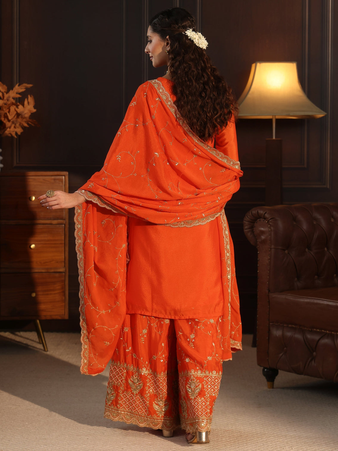 Mameraa Art Orange Floral Zari Embroidered Chinon Palazzo Suit Set