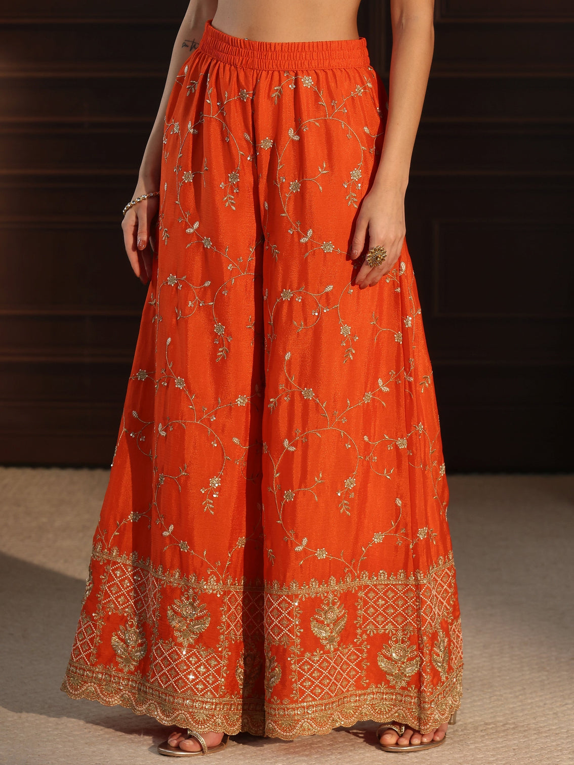 Mameraa Art Orange Floral Zari Embroidered Chinon Palazzo Suit Set