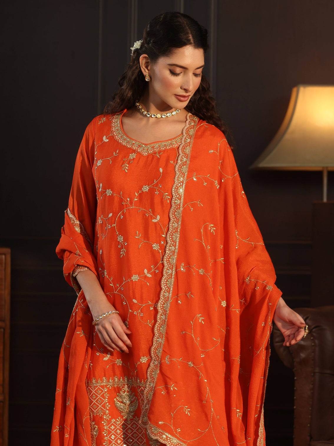 Mameraa Art Orange Floral Zari Embroidered Chinon Palazzo Suit Set