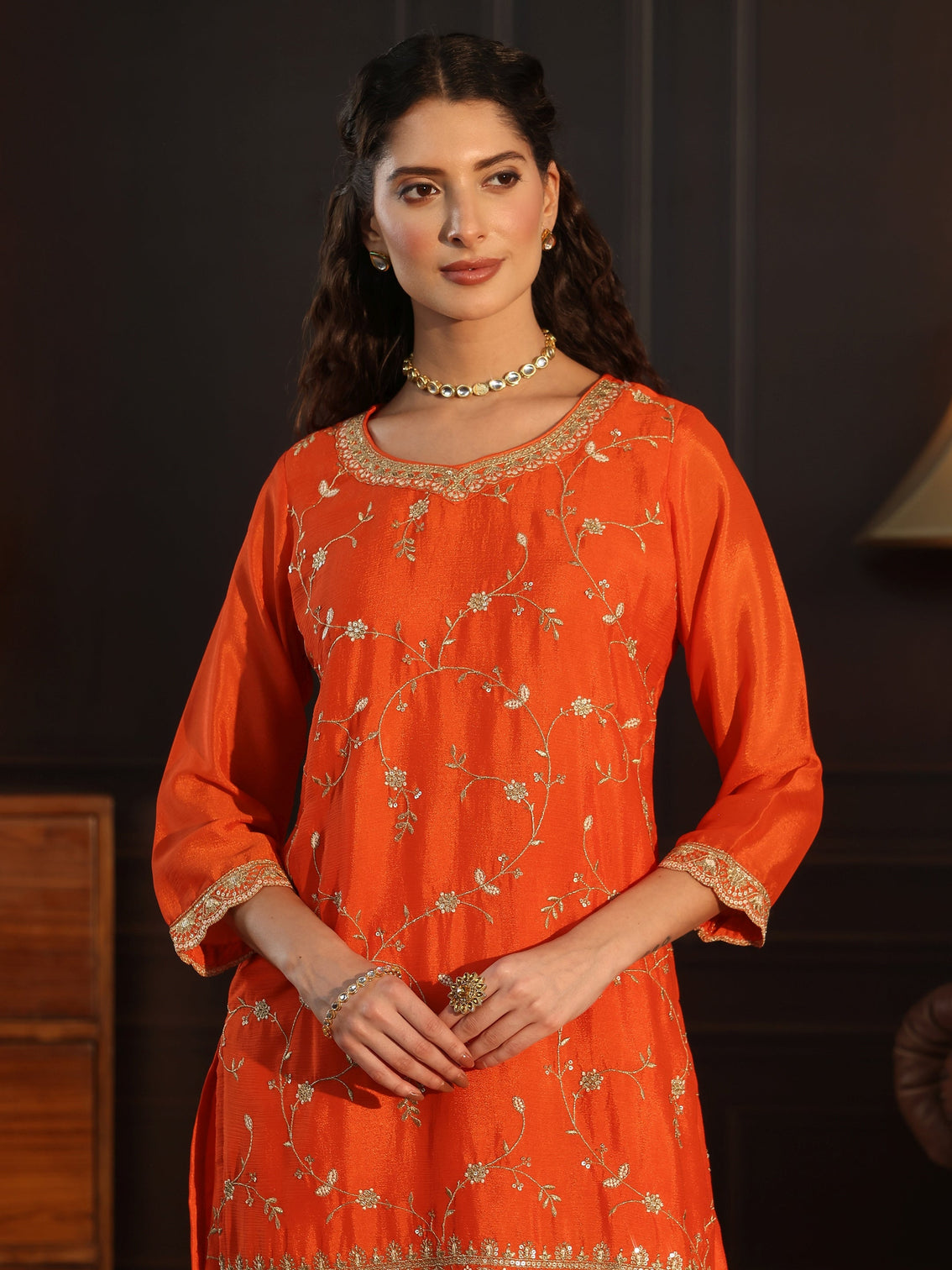 Mameraa Art Orange Floral Zari Embroidered Chinon Palazzo Suit Set