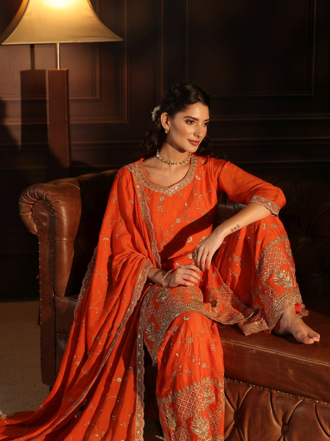 Mameraa Art Orange Floral Zari Embroidered Chinon Palazzo Suit Set