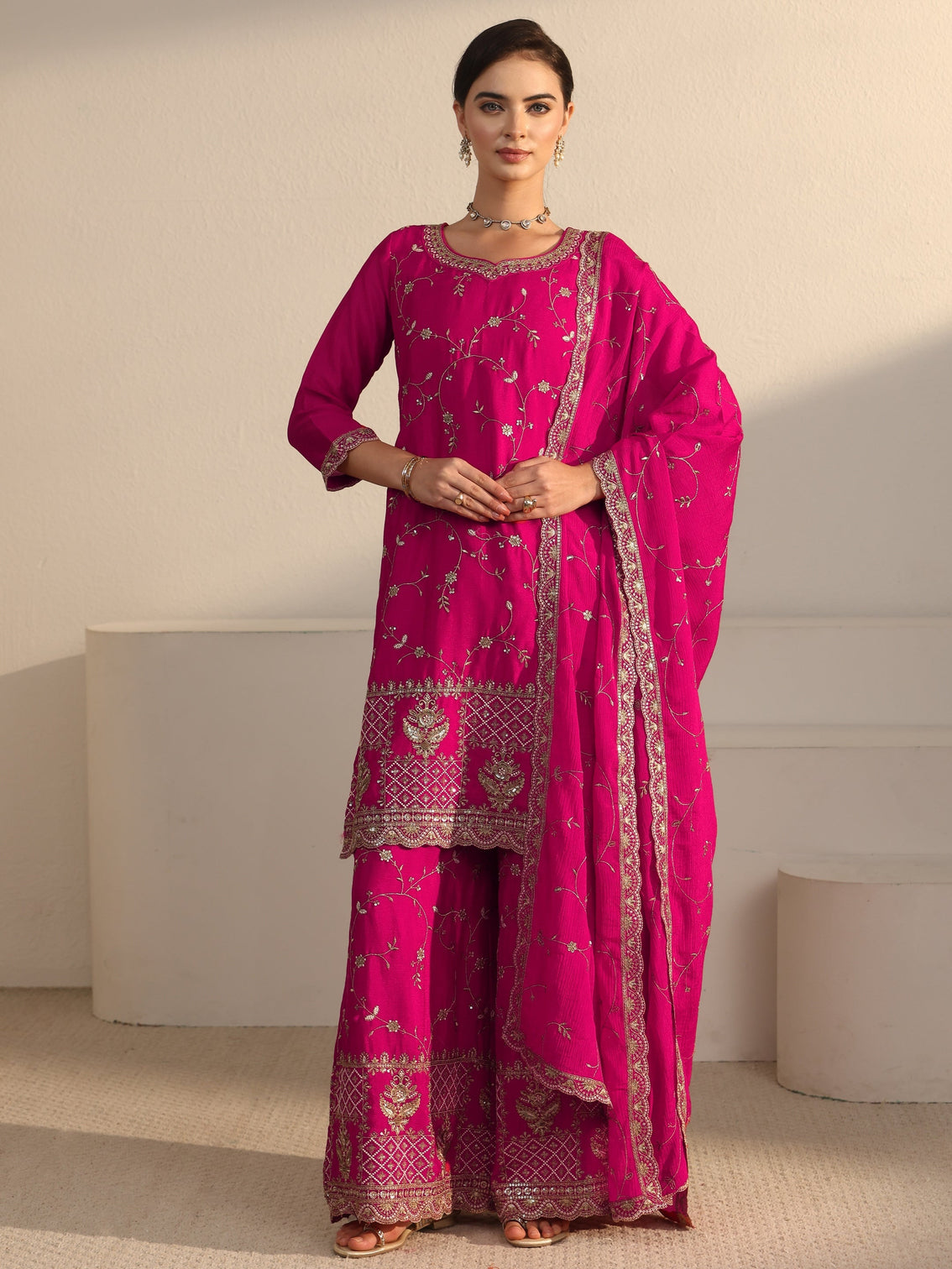Mameraa Art Fuchsia Pink Floral Zari Embroidered Chinon Palazzo Suit Set
