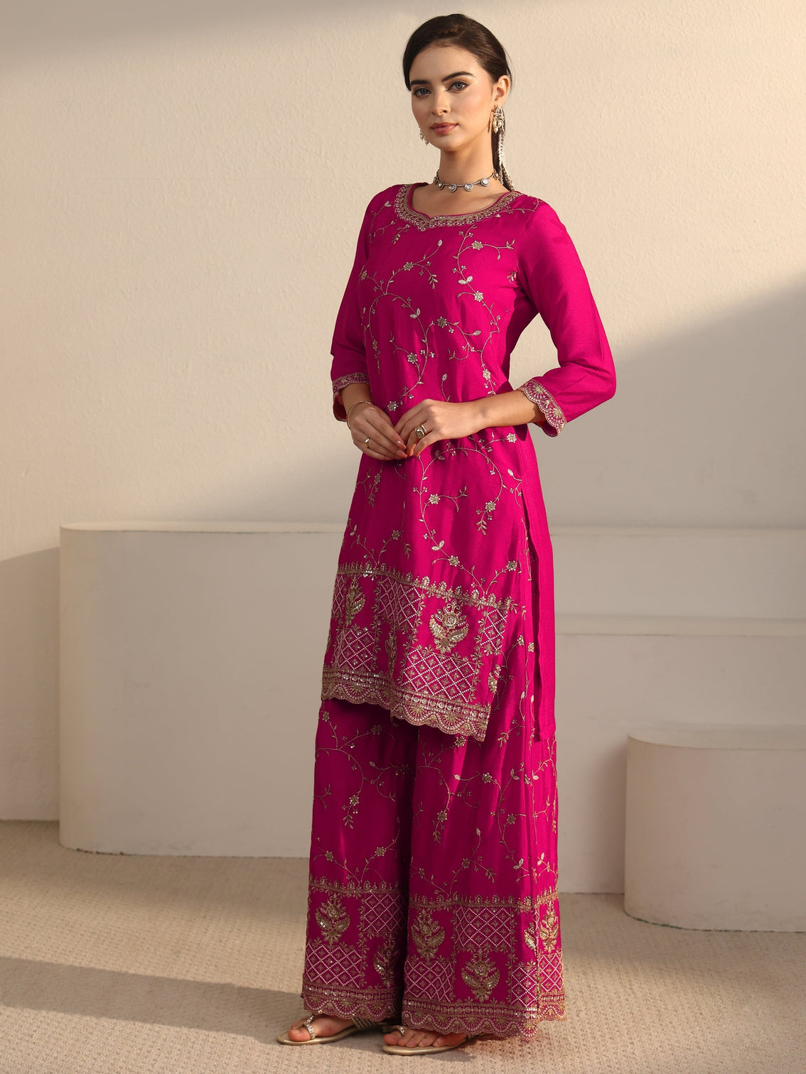 Mameraa Art Fuchsia Pink Floral Zari Embroidered Chinon Palazzo Suit Set