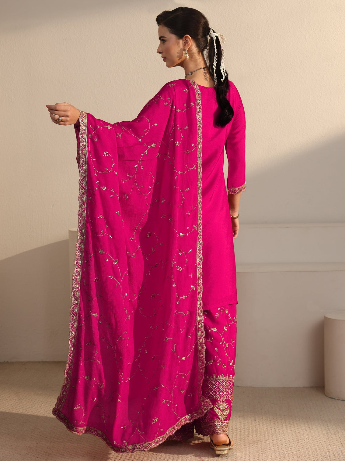 Mameraa Art Fuchsia Pink Floral Zari Embroidered Chinon Palazzo Suit Set