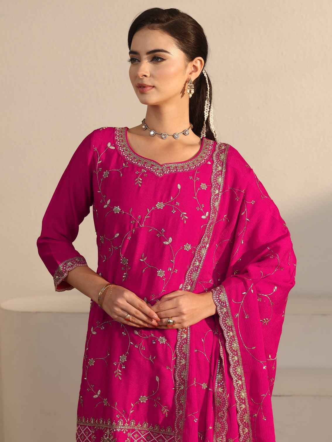 Mameraa Art Fuchsia Pink Floral Zari Embroidered Chinon Palazzo Suit Set