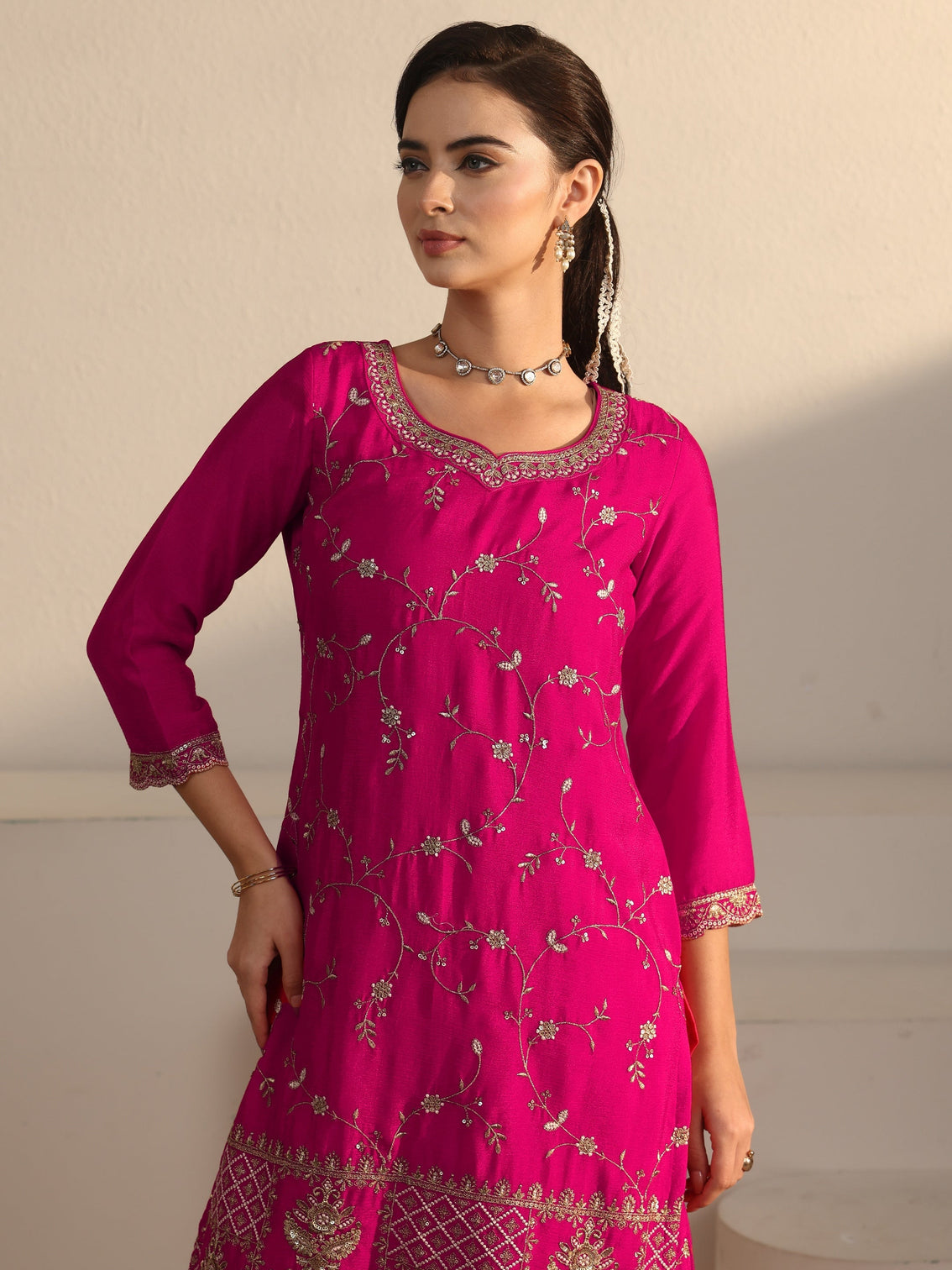 Mameraa Art Fuchsia Pink Floral Zari Embroidered Chinon Palazzo Suit Set