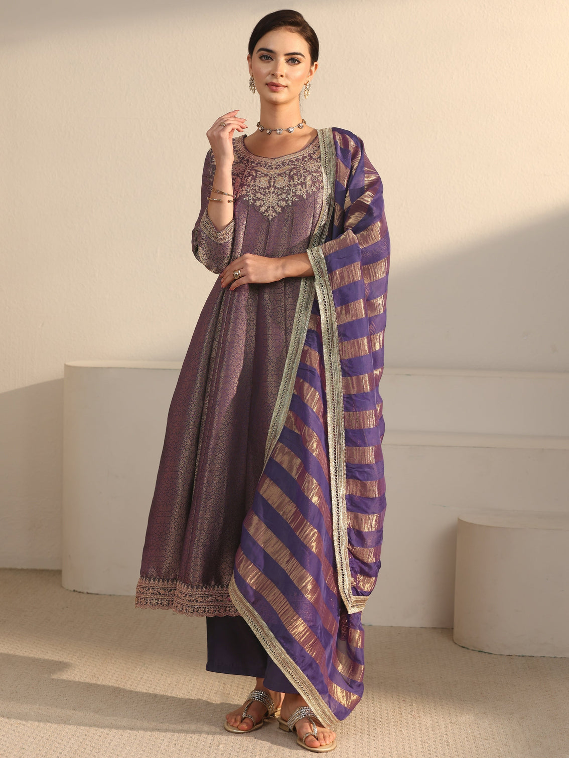 Mameraa Art Lavender Floral Woven Design Silk Blend A-Line Suit Set