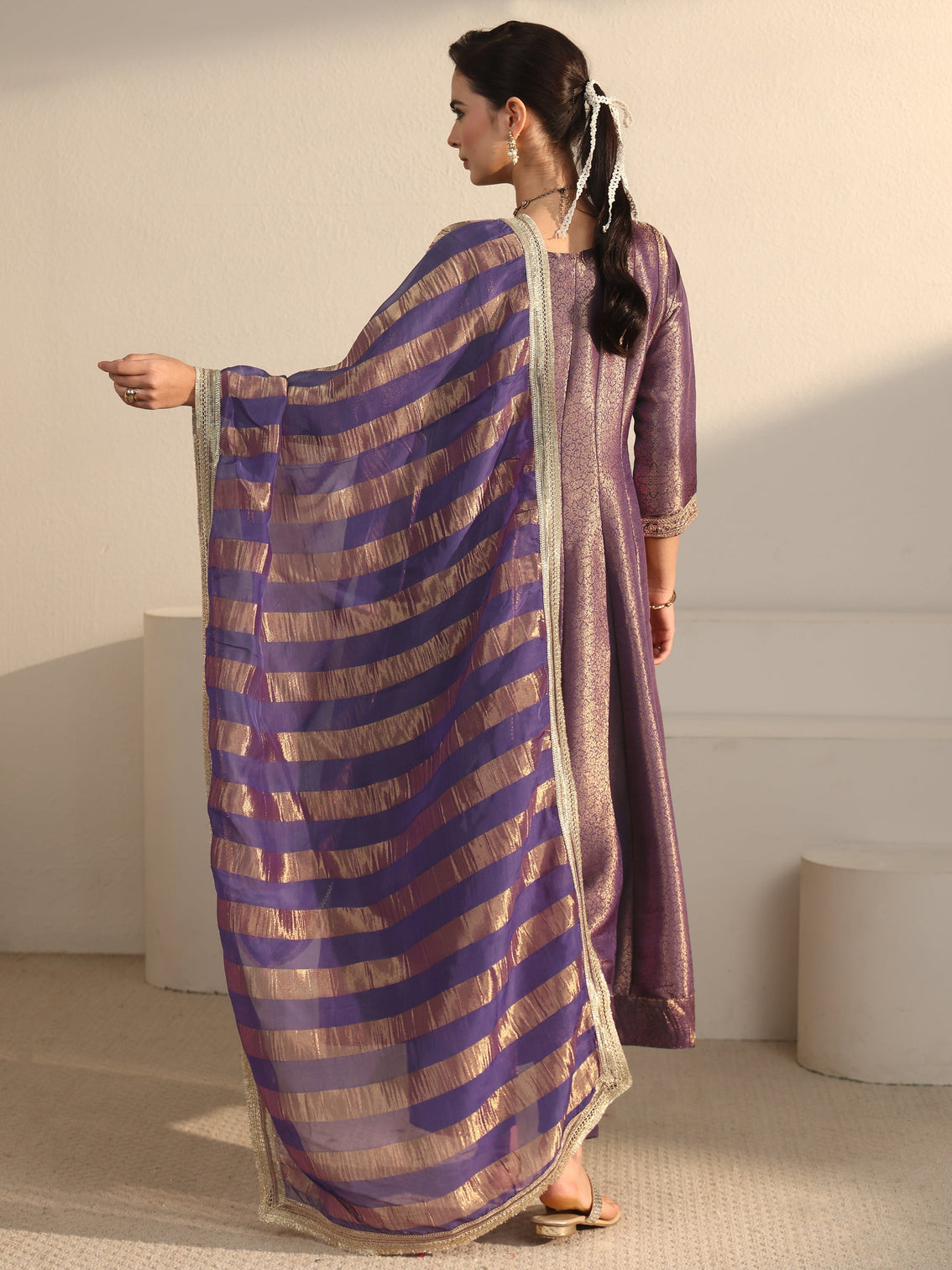 Mameraa Art Lavender Floral Woven Design Silk Blend A-Line Suit Set
