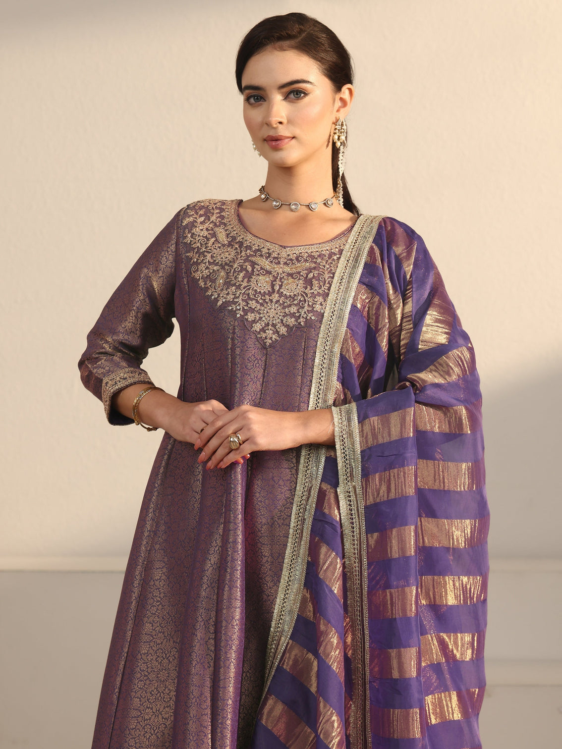 Mameraa Art Lavender Floral Woven Design Silk Blend A-Line Suit Set