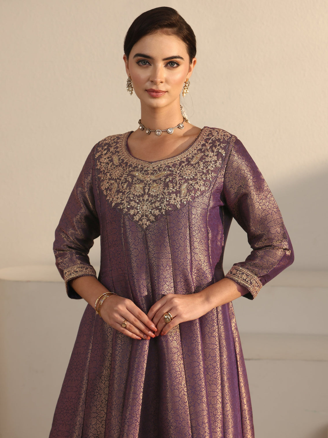 Mameraa Art Lavender Floral Woven Design Silk Blend A-Line Suit Set